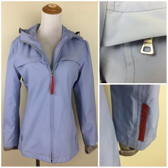 PRADA Italy Blue Gray Lining Zipper Pockets Logo Hardware Hooded Rain Jacket - Picture 1 of 16